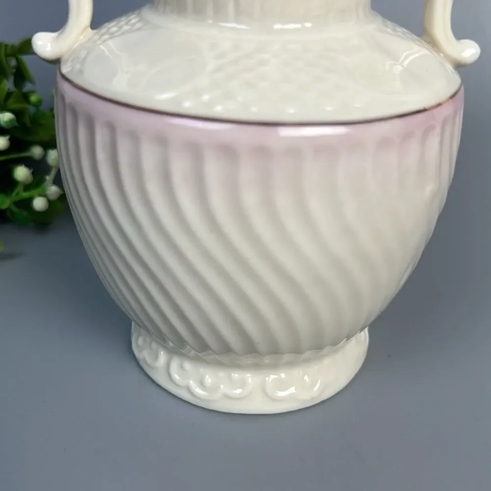 Vintage Belleek Porcelain Vase with Light Pink Glaze & Embossed Patterns 8